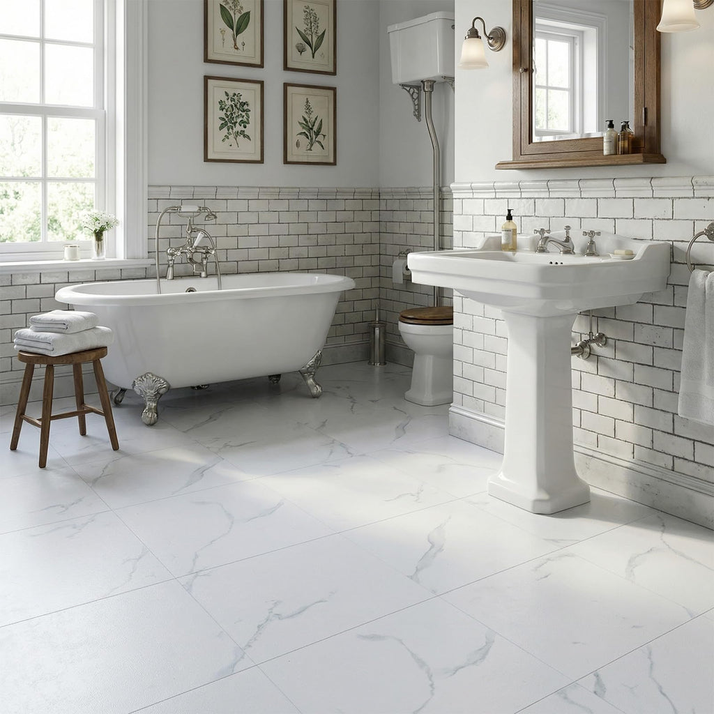 Peel and Stick Vinyl Floor Tiles | White Marble | 30 Tiles