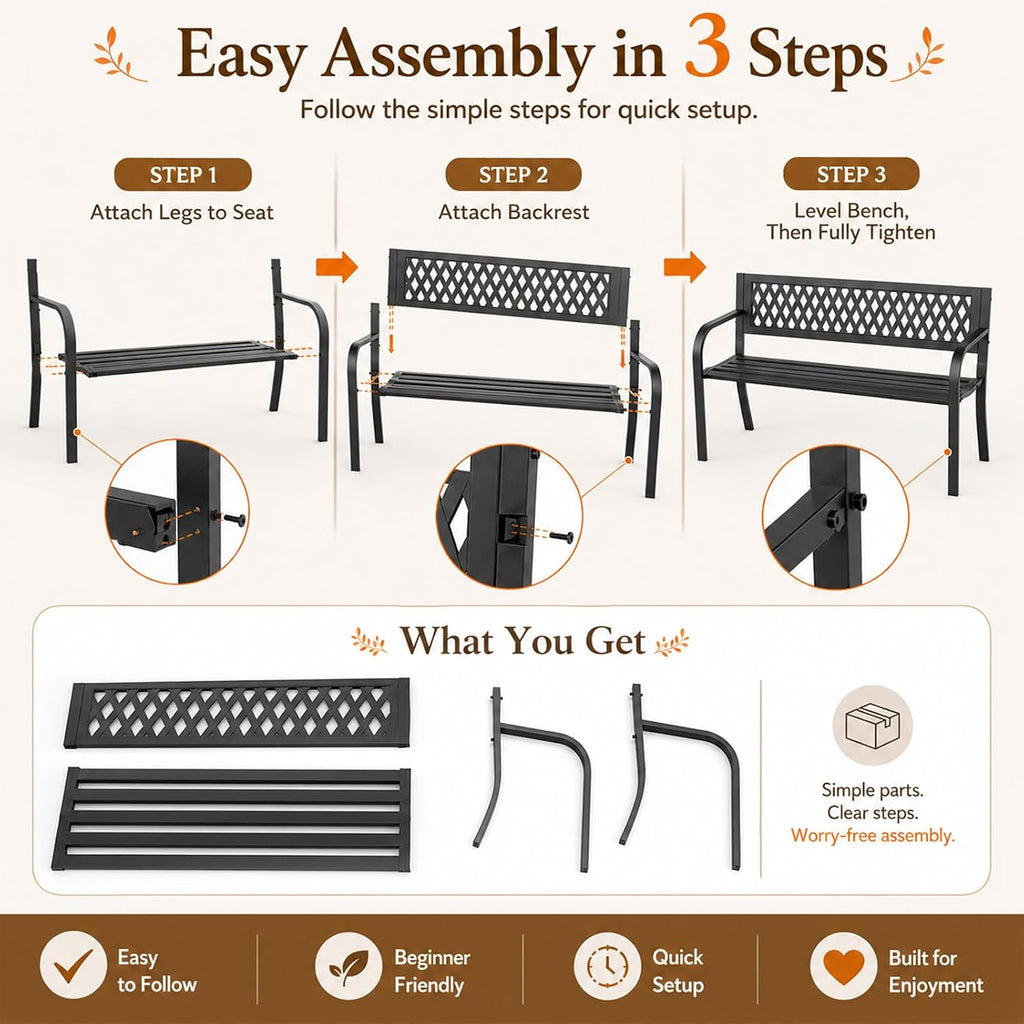 Garden Bench, Outdoor Metal Park Bench with Backrest and Armrests, 500 Lbs Static Load Tested, Black Patio Bench for