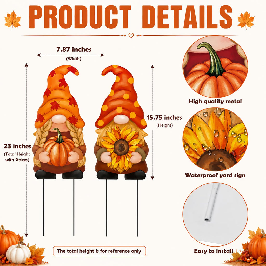 2Pcs Metal Gnomes Decorative Garden Stakes Pumpkin Sunflower Fall Thanksgiving Yard Signs Outdoor Decorations for