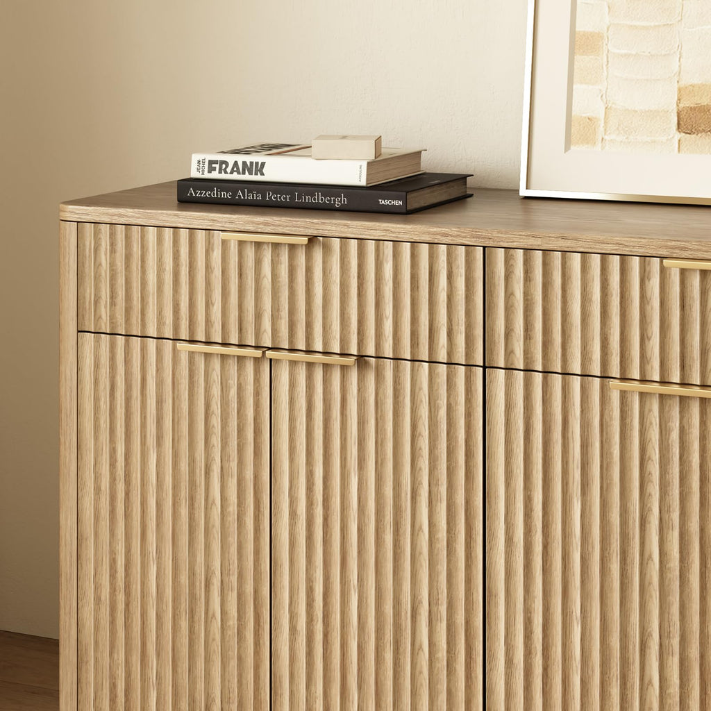 67" Fluted Oak Sideboard Buffet Cabinet with 3 Drawers