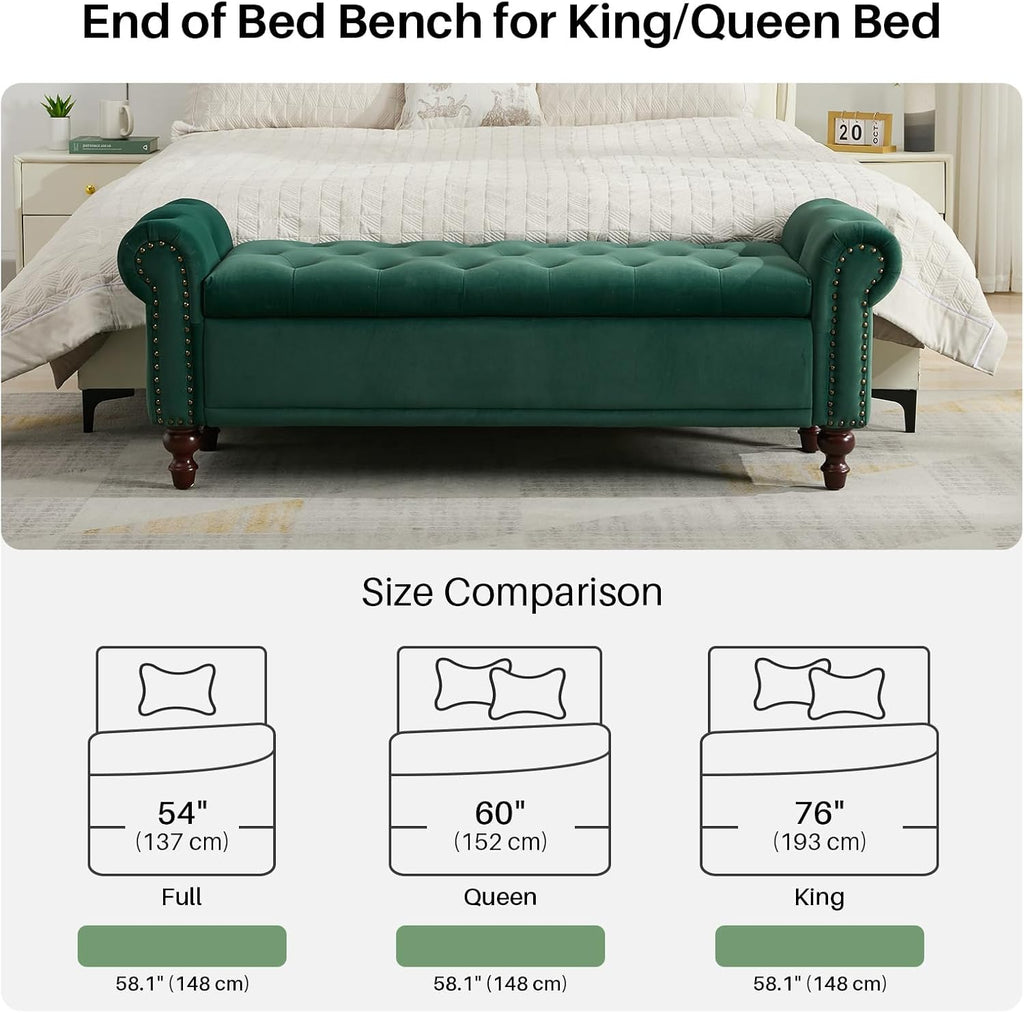 58.1" Storage Bench , Velvet Upholstered, Dark Green | End of Bedroom Bed Bench Ottoman with Tufted Cushioned Rolled