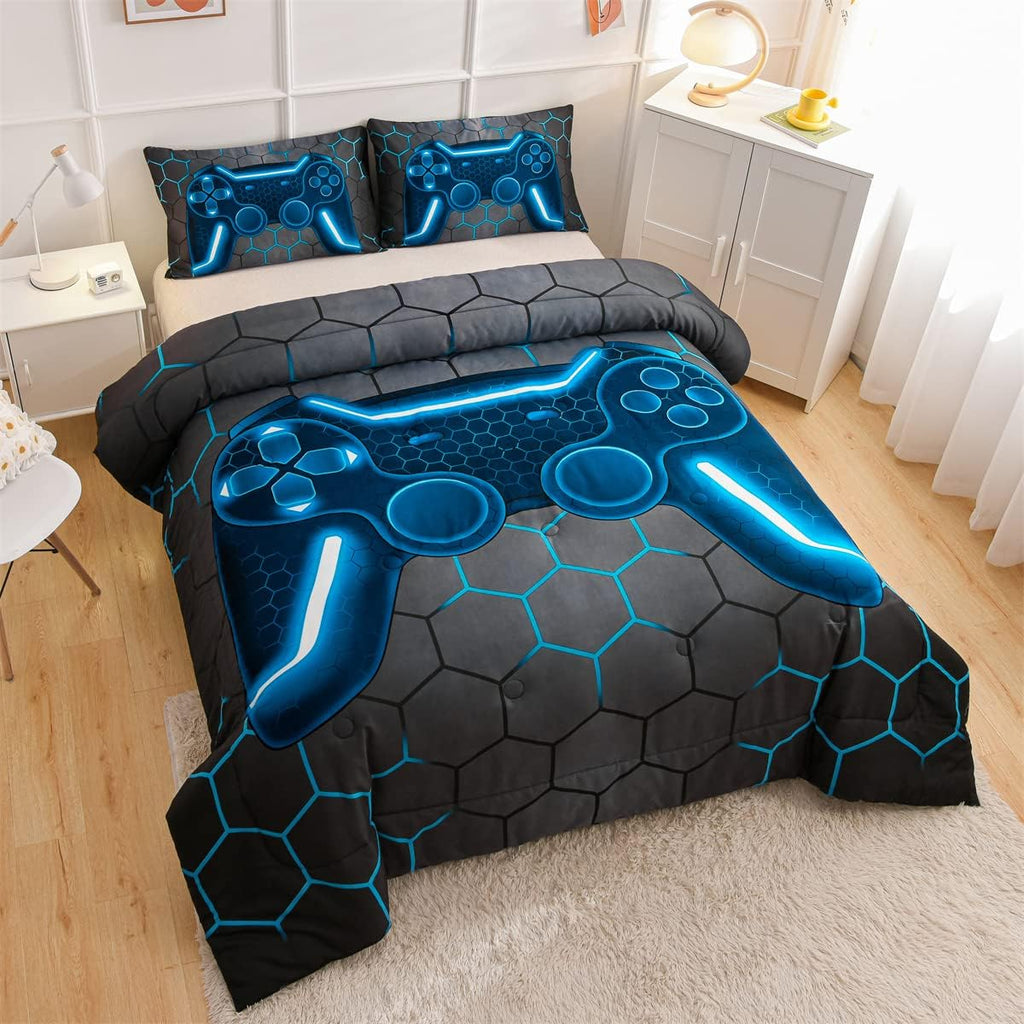 Game Console Comforter Set for Boys Girls Kids 3D Gaming Geometric Lightweight Microfiber Bedding Sets (Blue, Twin)