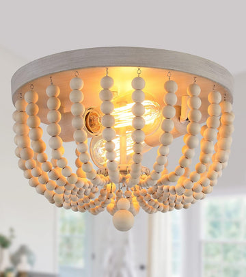 Boho Chandelier Wood Beaded Flush Mount Ceiling Light Fixtures Baby Bedroom Kitchen Hallway,Oak White Finish, Lights