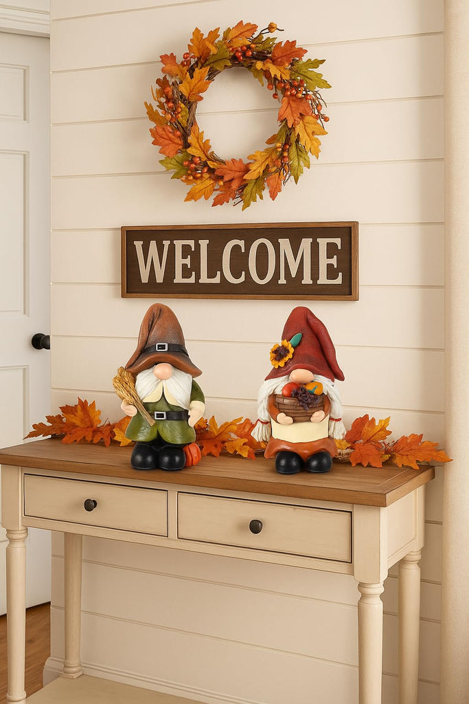 Thanksgiving Decorations Fall Figurines - 2 Pack Resin Harvest Figurines with Pumpkins, Wheat & Basket, Autumn Home