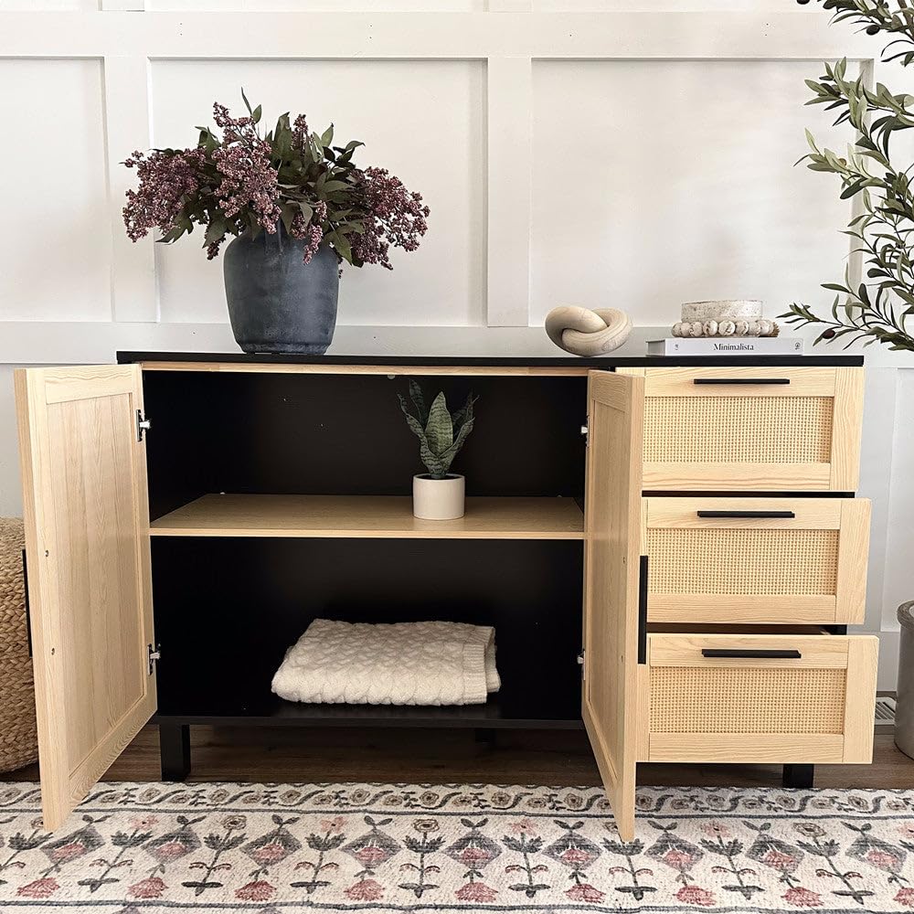 Black Rattan Cabinet with Doors, Buffet Sideboard Cabinet with Drawers, 2 Door Storage Cabinets