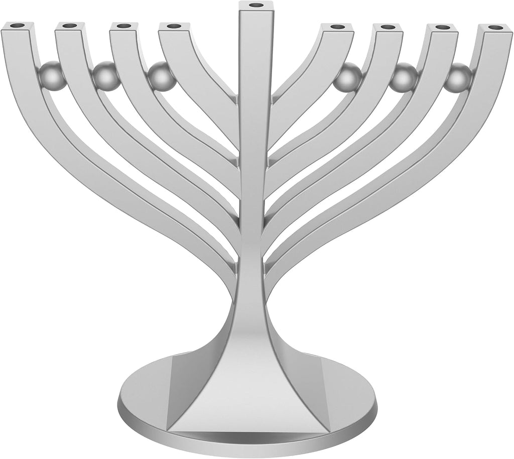 Zion Judaica Mini Classic with Mini Birthday Size Hanukkah Candles - Satin Silver Small Travel Minorah with 44 Blue