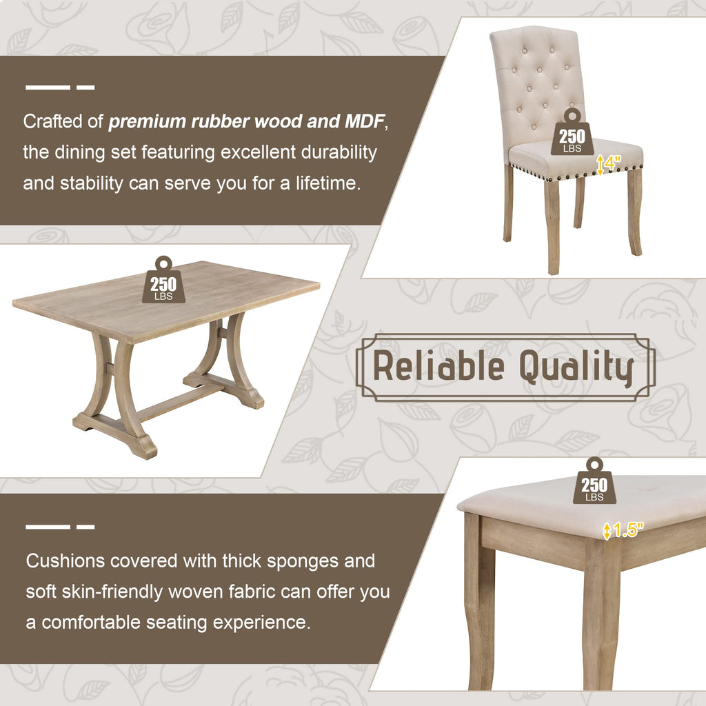 6-Piece Kitchen Dining Table Set, Farmhouse Dining Table Set with Rectangular Table and 4 Upholstered Chairs & Bench