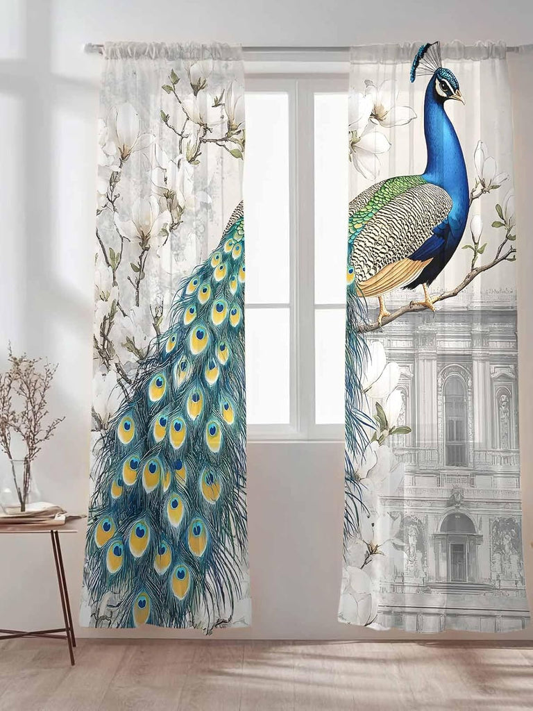 Luxury Peacock Sheer Curtains 96 Inches Long 2 Panels Set, Window Sheer Curtains , Watercolor Vintage Floral Attic