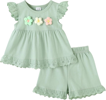 Toddler Girl Summer Clothes Flower Top & Shorts Cotton Blend Eyelet Trim Sets 2Pcs outfit