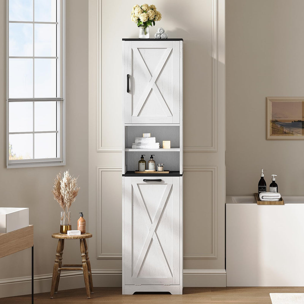 Tall Bathroom Cabinet, 67" Farmhouse Laundry Hamper Cabinet with Shelf Adjustable, 11.7 Gallon Capacity Tilt-Out