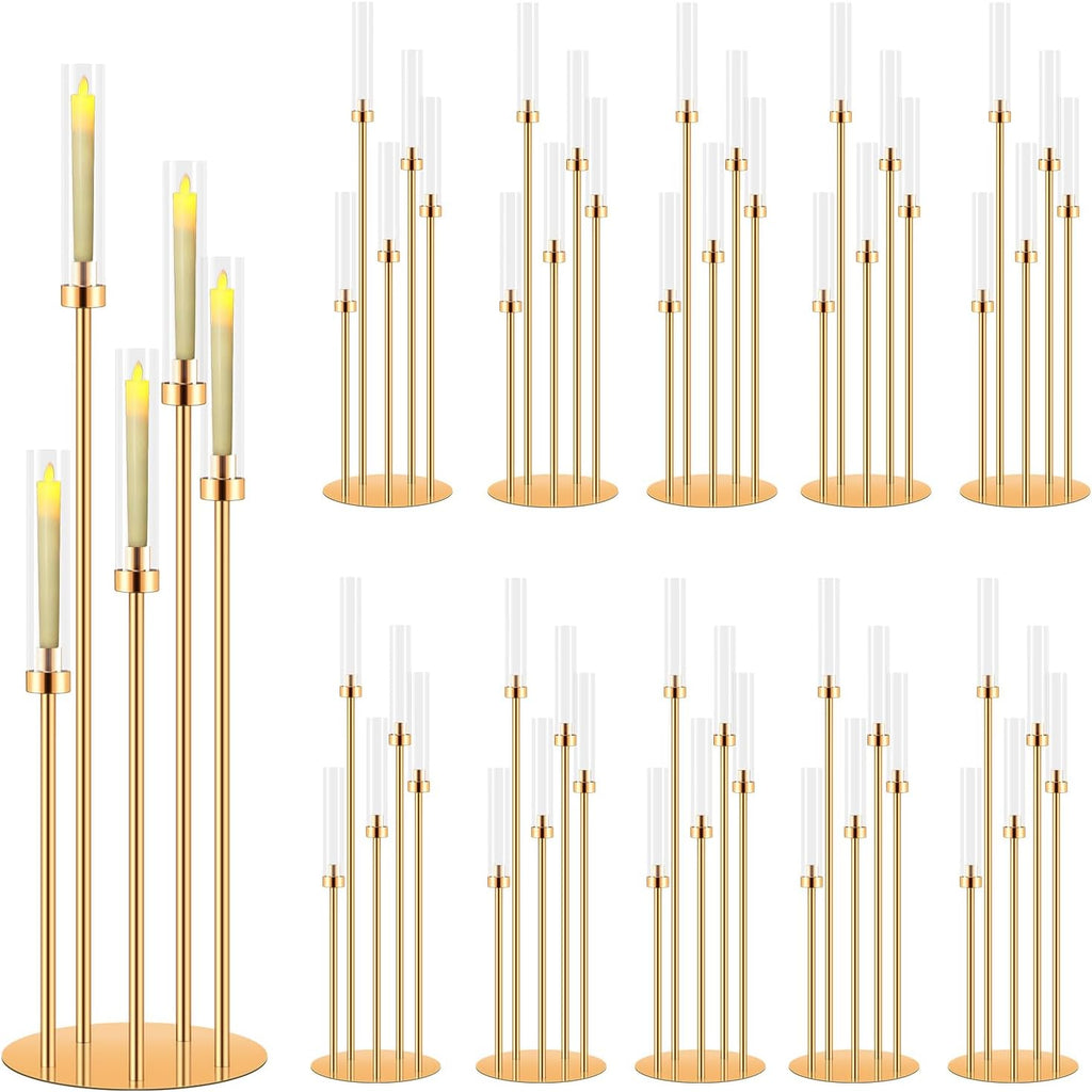 10 Sets 5 Arms Acrylic Candelabra for Tables,42'' Tall Candlesticks Holder with Lampshade,Wedding Centerpieces,Gold