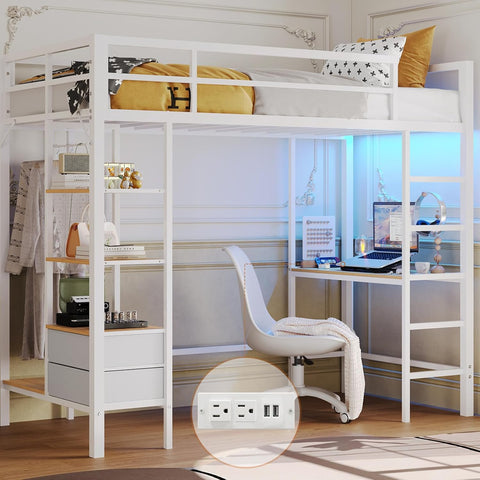 Loft Bed Twin with Desk and Charging Station Metal Loft Bed with Led Lights,Storage Shelves and Drawers Twin Bed with