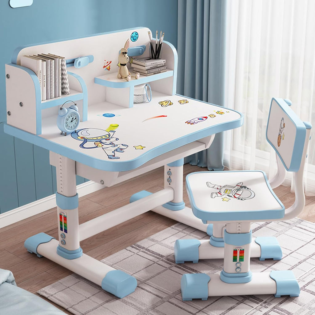 Kids Functional Desk and Chair Set, Height Adjustable Children School Study Table Chair Set with Cartoon Pattern