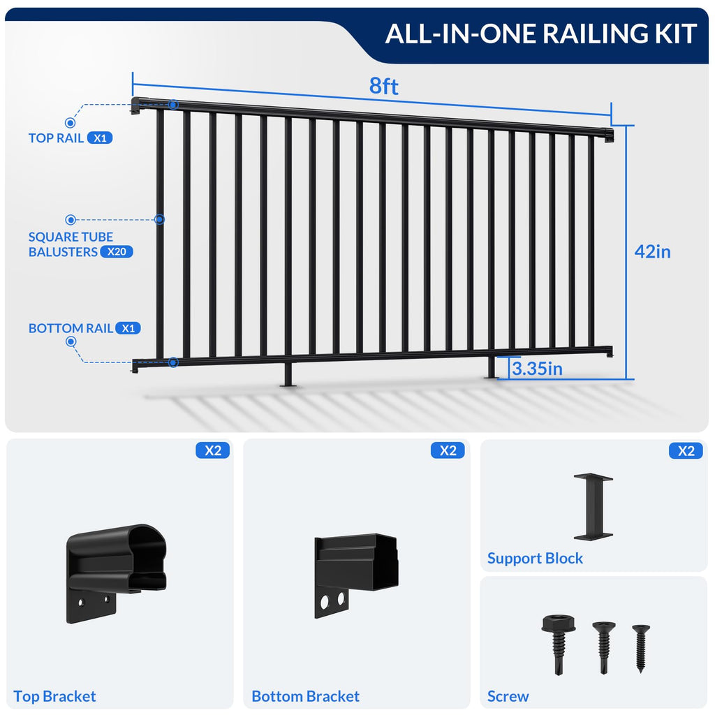 42 in x 8 ft Aluminum Porch and Deck Railing Kit Without Post