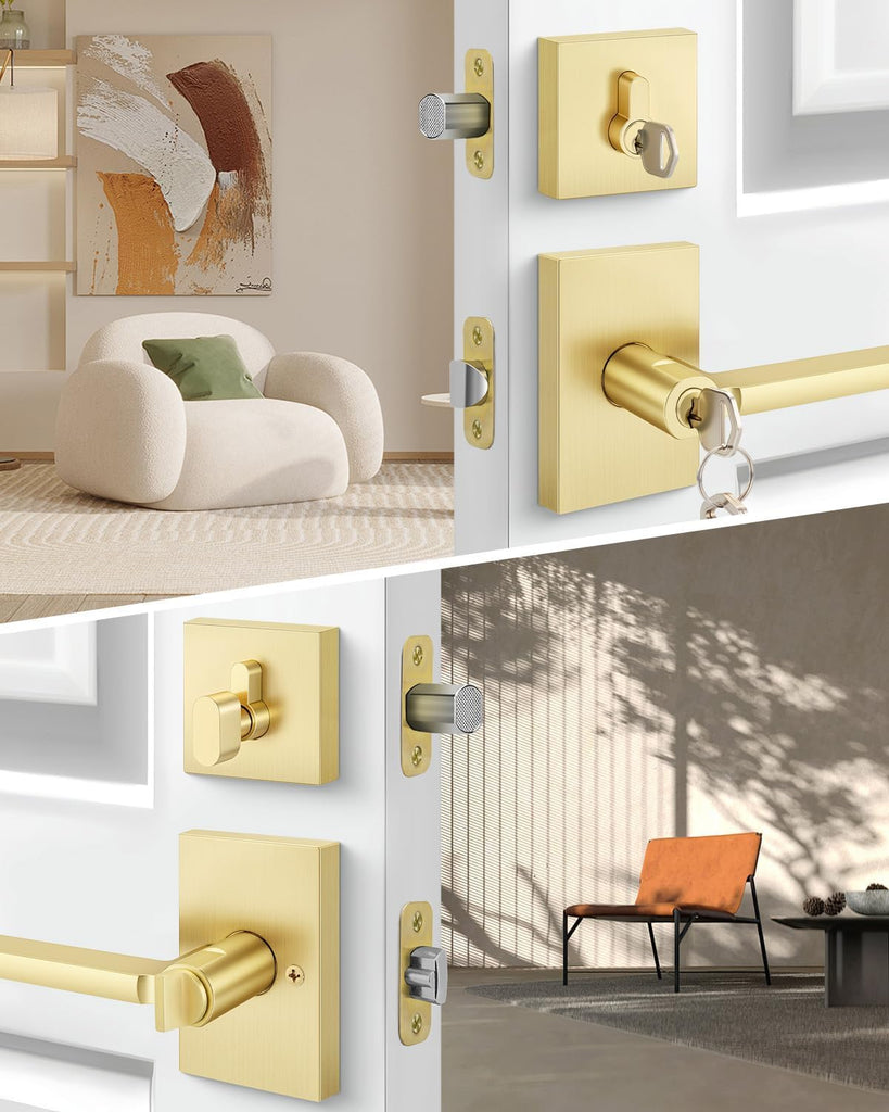 Gold Exterior Door Lock Set,Zinc-Alloy Front Door Handles,2 Pack