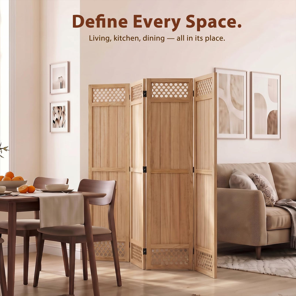 Wood Room Divider Privacy Screen, Natrual Carved Room Divider 4 Panel 67"