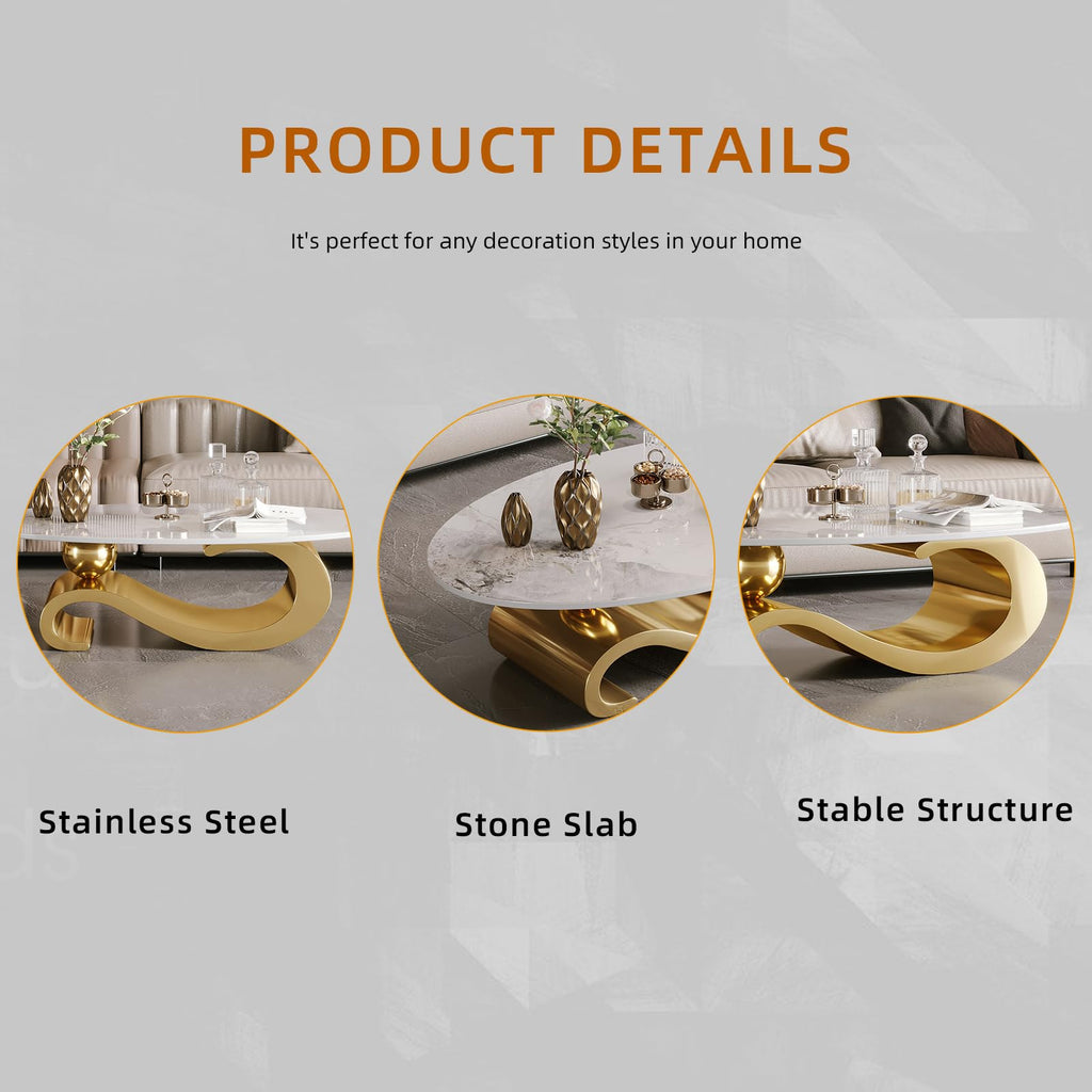 52" Oval Marble Coffee Table, Modern Luxury Center Table with Gold Stainless Steel Base, Scratch-Resistant Modern