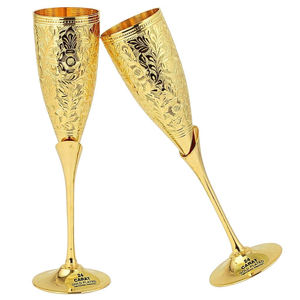 24K Gold Plated Wedding Champagne Flute for Bride & Groom Toasting Glass Set of 2, Brass Wine Goblet Metal Chalice