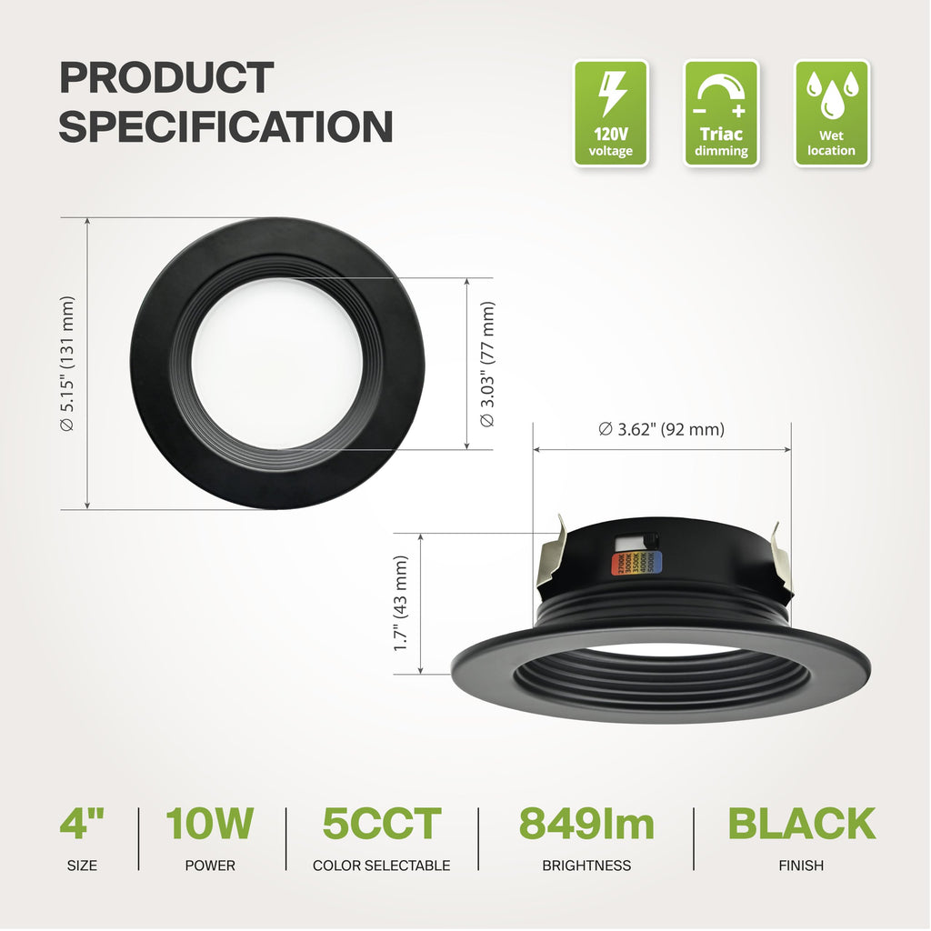 6 Pack Black 4 Inch Retrofit LED Recessed Light, 5CCT Wafer Lights