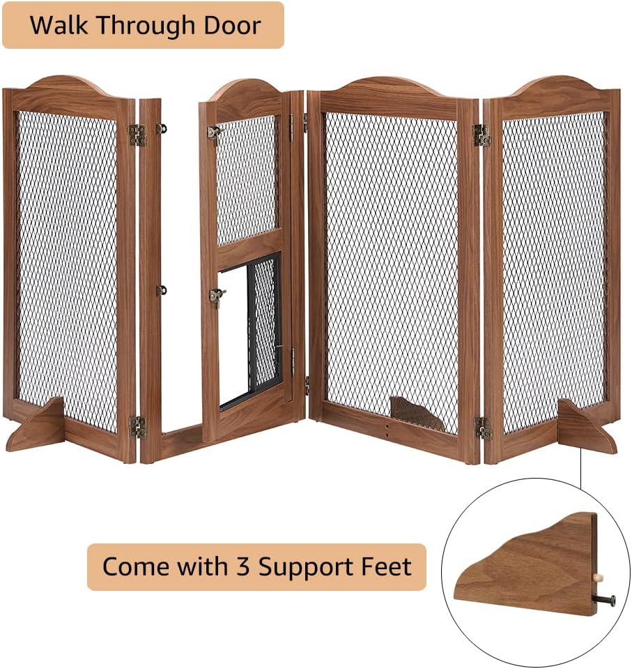 Freestanding Dog Gate with Cat Door for Indoor Doorways Stairs