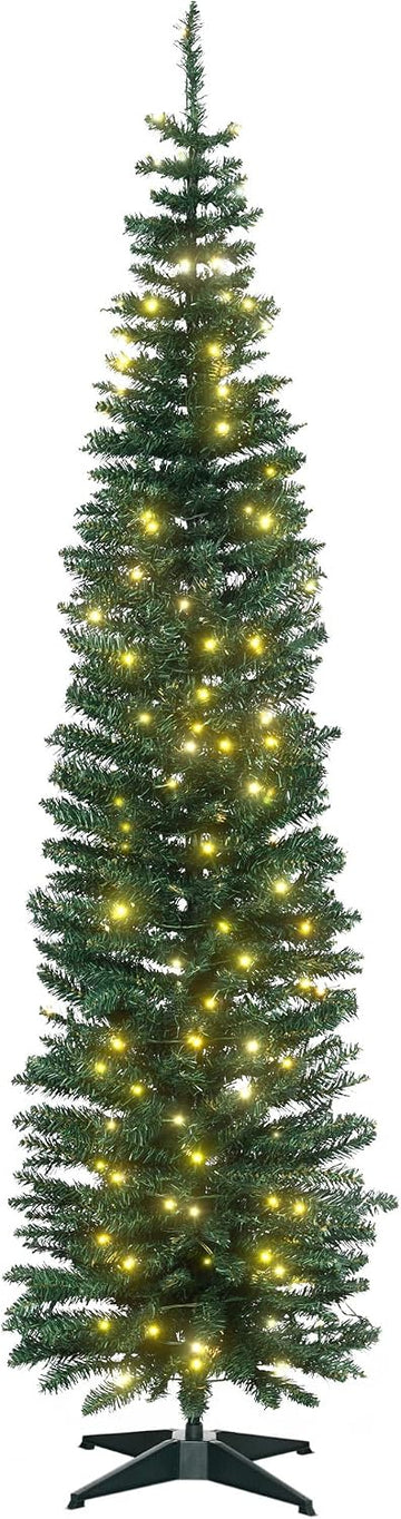 7' Tall Pre-Lit Slim Noble Fir Artificial Pencil Christmas Tree with 200 Warm White LED Lights and 499 Tips, for