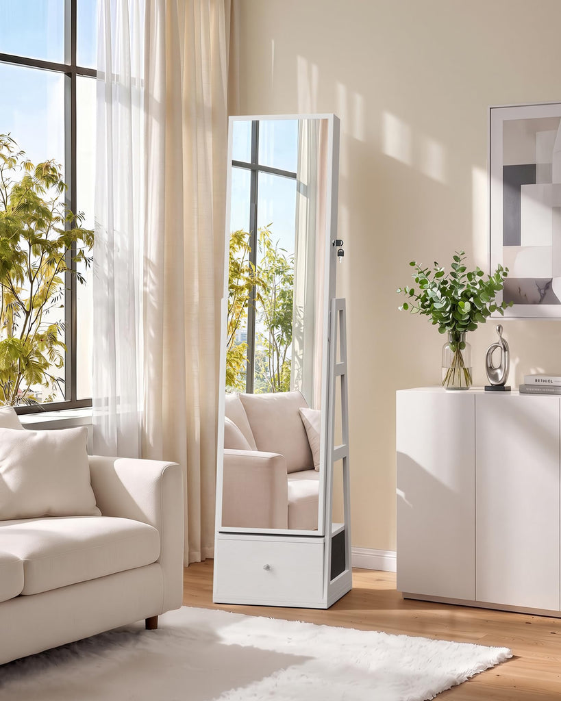 Jewelry Armoire with Bottom Drawer Rotatable Jewelry Cabinet, White