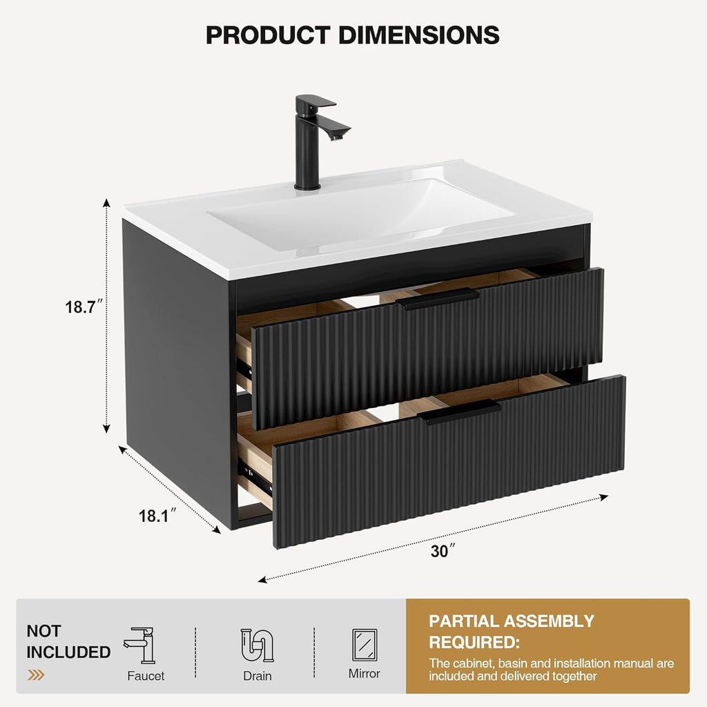 30 Inches Modern MDF Bathroom Vanity with Sink, Wall Mounted Floating Cabinets w/Double Drawers, Black Handles, White Resin Sink Combo Set (Black, 30") A133-B0F3HXYBC4