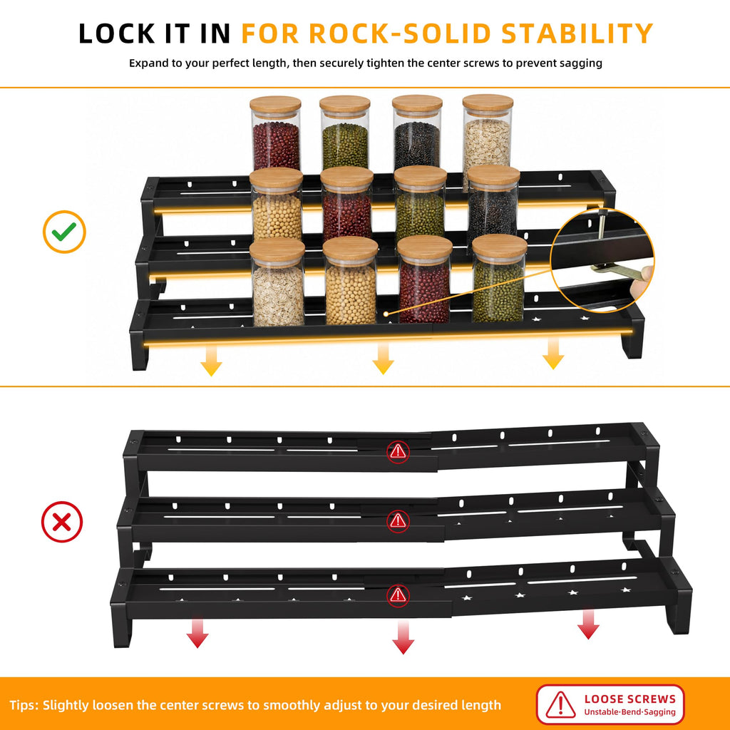 Expandable Spice Rack Organizer for Cabinet, 3-Tier Metal Shelf