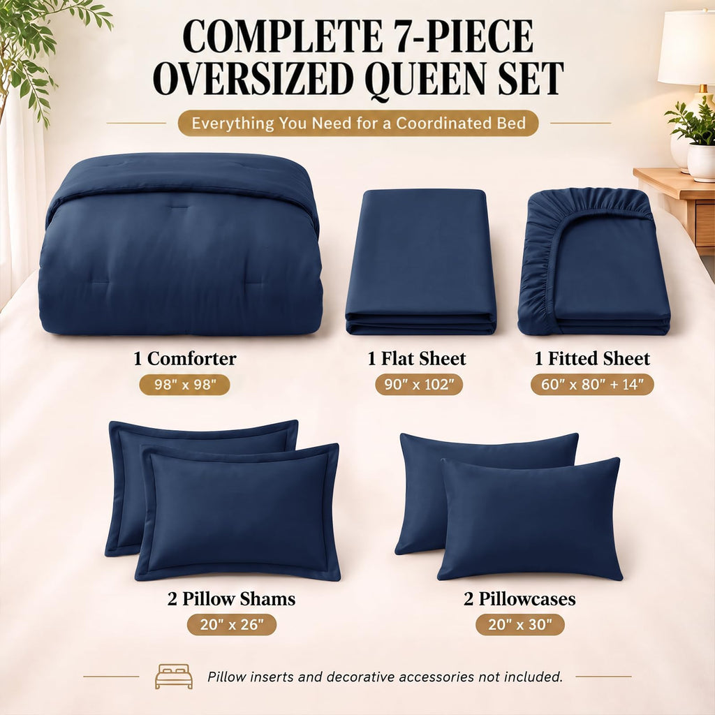 Oversized Comforter Set Navy, 7 Pieces Bed in a Bag