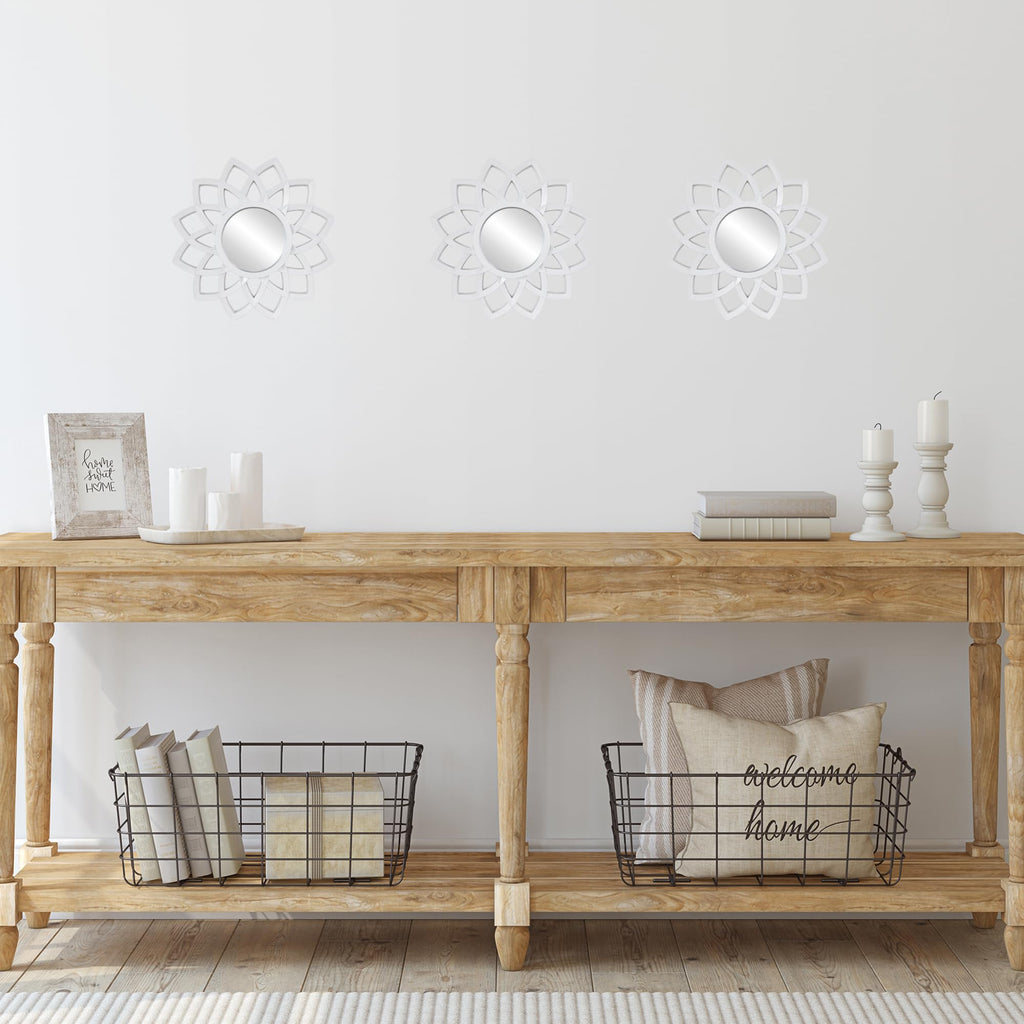 Set of 3 Arched Floral Matte White Wall Mirrors 9.5"
