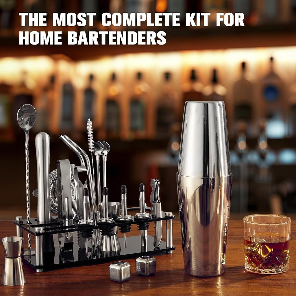 Cocktail Shaker Set, Bartender Kit with Stand Silver - Set of 23