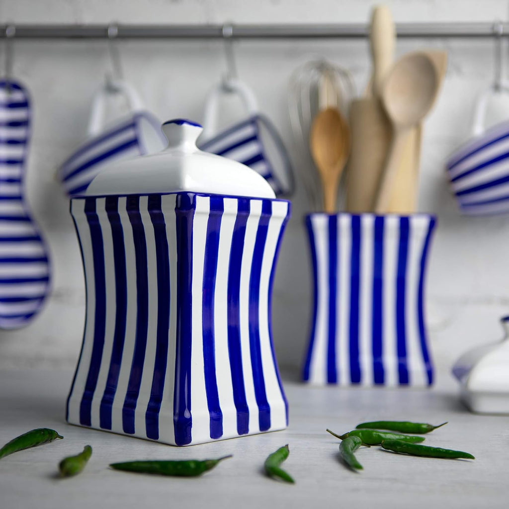 Handmade Dark Navy Blue Stripe Large Ceramic 31.5oz/900ml Kitchen Storage Jar with Lid | Pottery Canister, Cookie