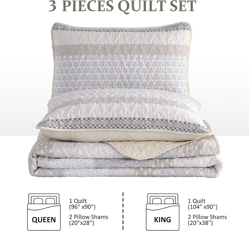 Beige Quilt King, Bohemian Stripe Quilt Sets 3 Pieces Boho Quilted Bedspread Set Lightweight Microfiber Coverlet