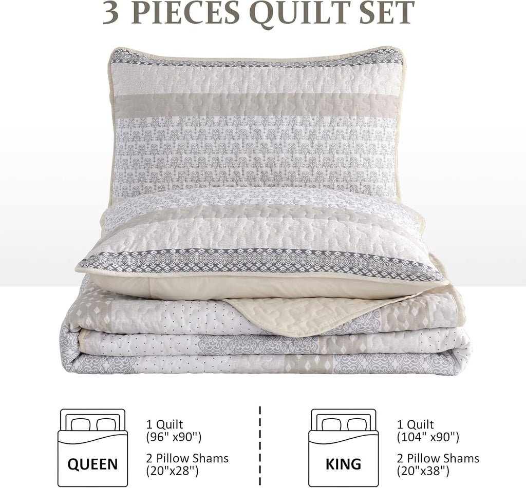 Beige Quilt Queen, Bohemian Stripe Quilt Sets 3 Pieces Beige Boho Quilted Bedspread Set Lightweight Microfiber