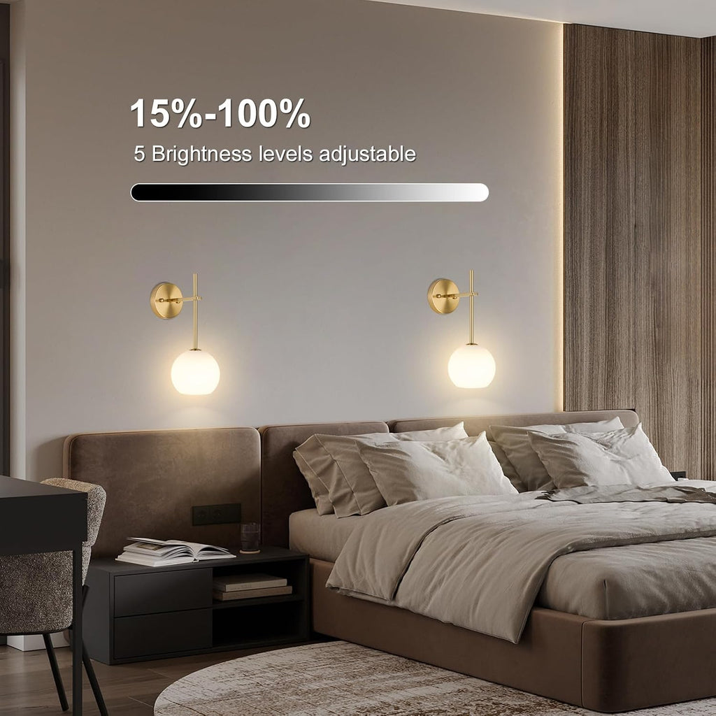 Gold Battery Operated Wall Sconces Set of 2, Rechargeable Wireless Wall Lights with Milky White Frosted Glass Shade