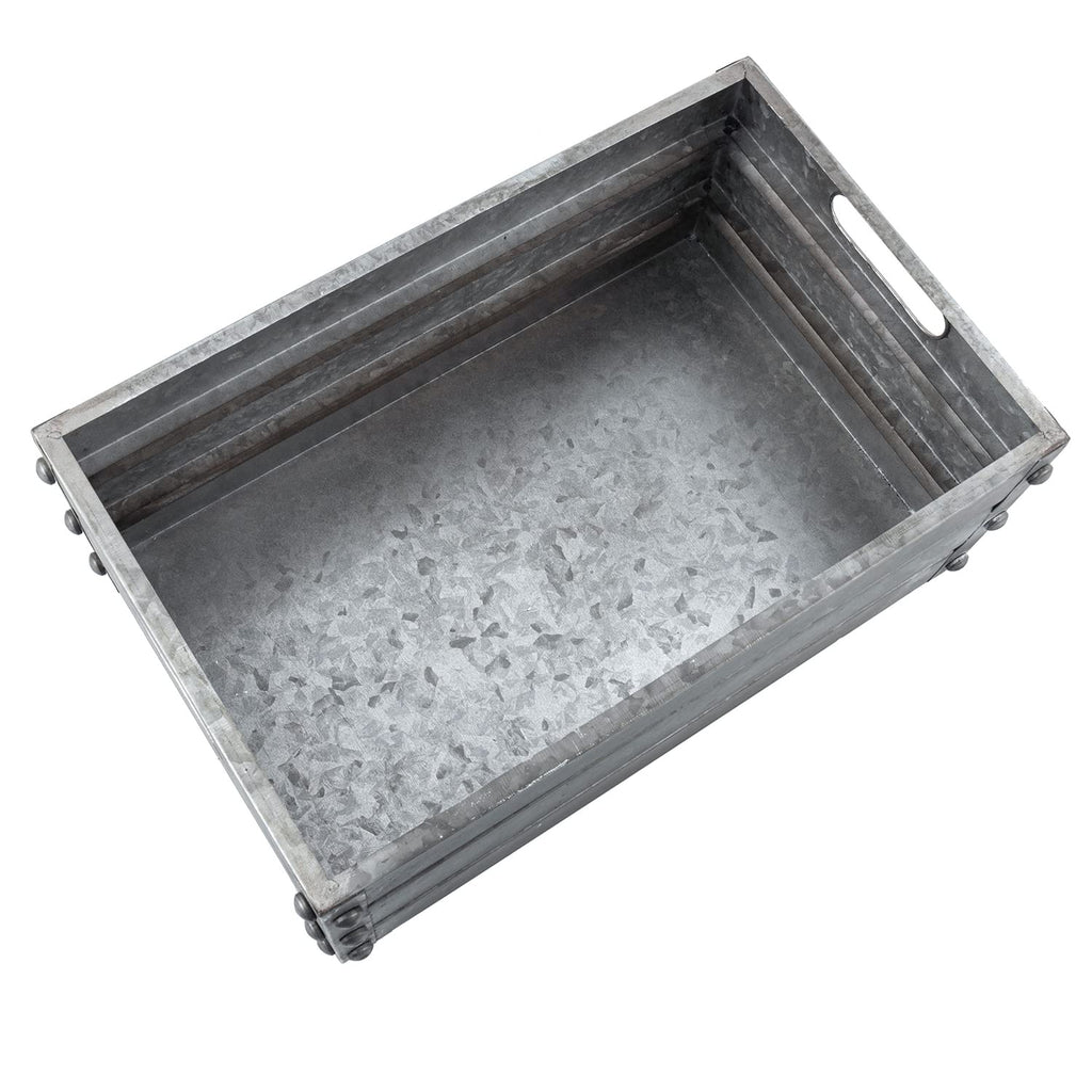 16-inch Rustic Silver Galvanized Metal Storage Crate Display Box with Vintage Corner Studs & Handles