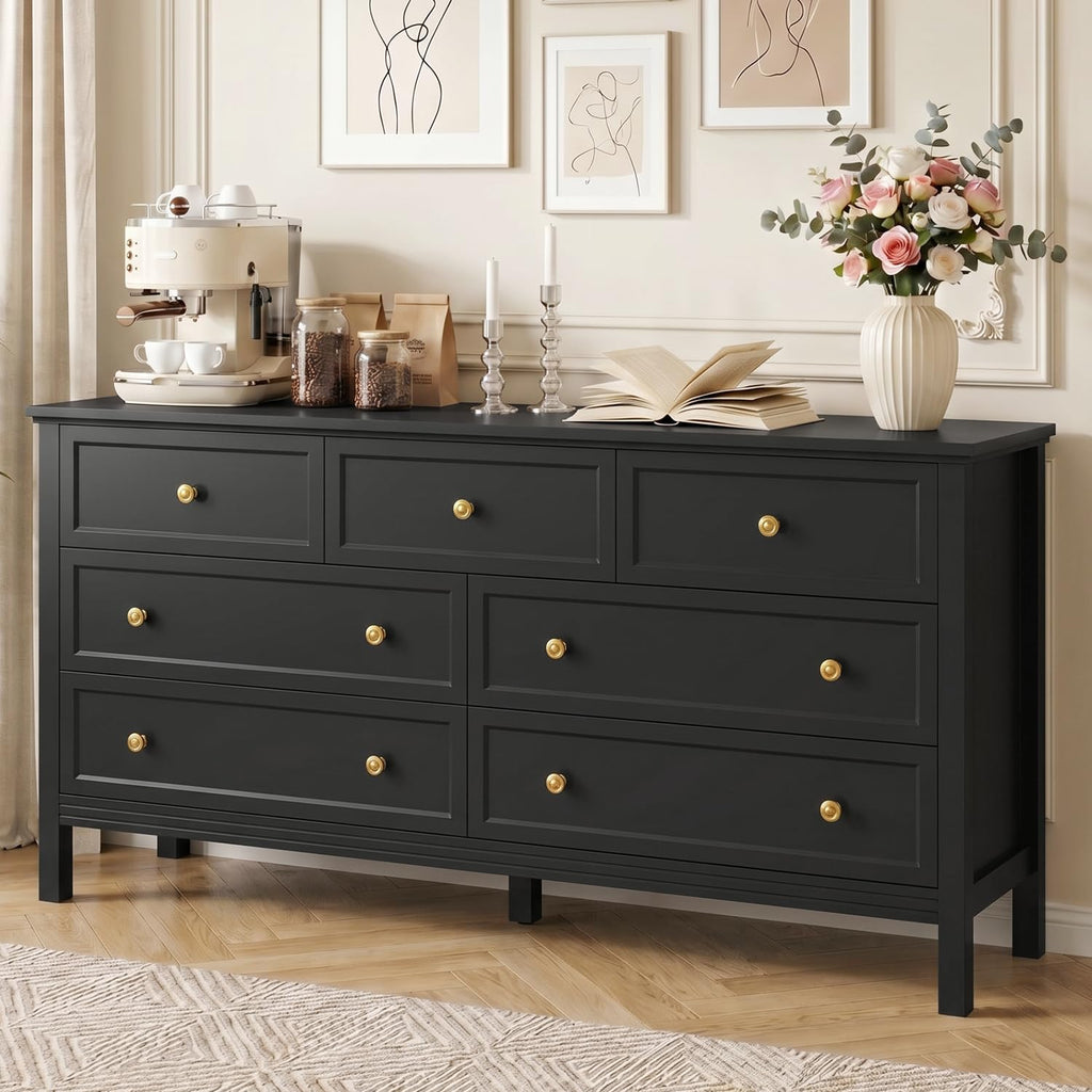 55" Black Dresser with 7 Drawers & Modern Gold Handle