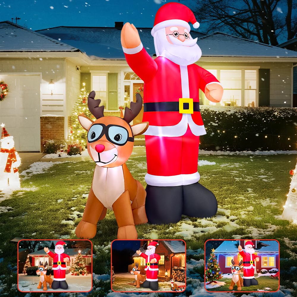 6FT Christmas Inflatables Santa Claus and Reindeer Blow Up Santa Deer Elk Yard Decorations with LED Light Up for Xmas