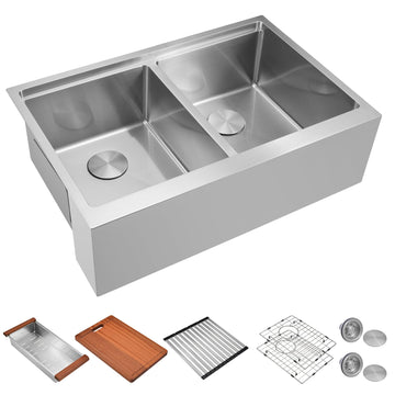 Farmhouse Kitchen Sink, 36''x22'' Drop-in/Undermount Double Bowl Workstation Apron Front Sink with Accessories, 50/50