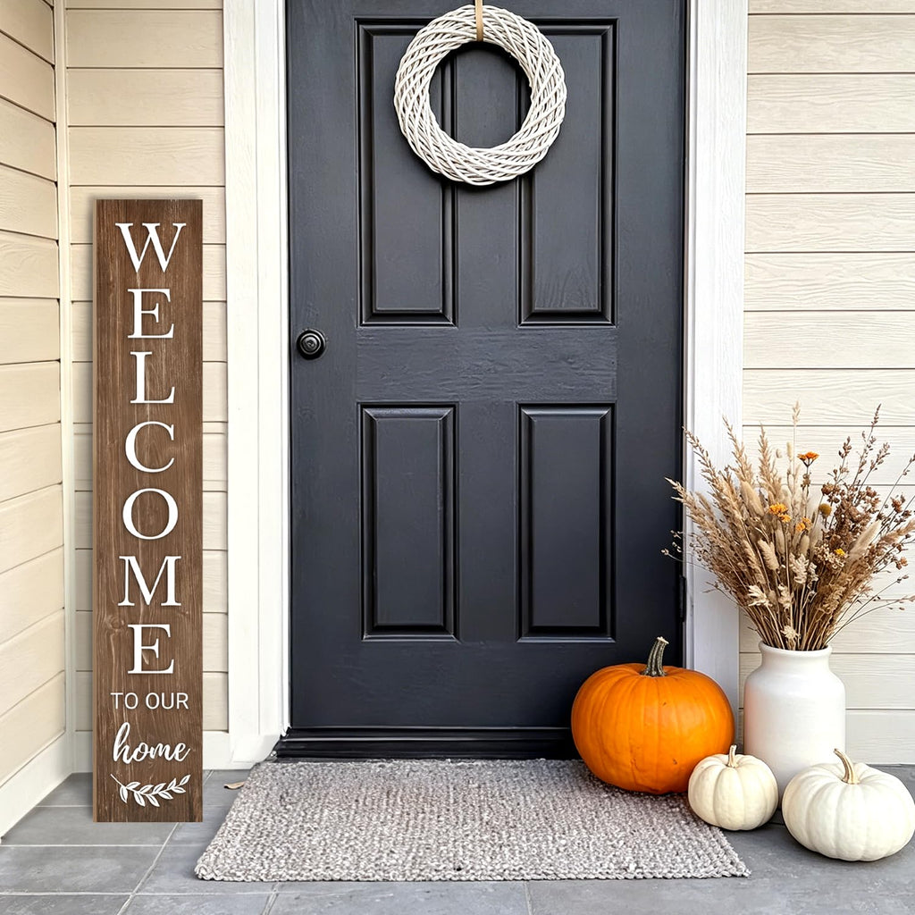 Fall Welcome Sign for Front Door, 47'' Brown Wooden Porch Sign Large Warm Greeting Door Sign Farmhouse Vertical Porch