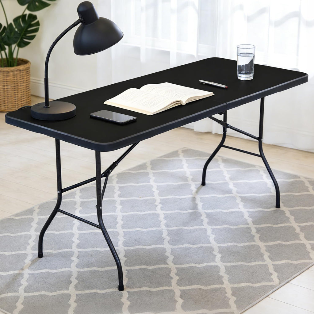 6FT Folding Table, Fold in Half Heavy Duty Plastic Utility Table with Carrying Handle, Black | HDPE Top for Indoor
