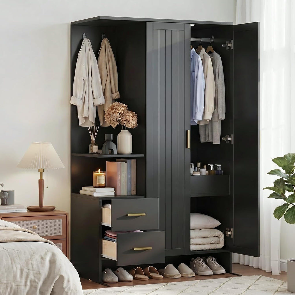 Modern Wardrobe Closet with 2 Doors & 2 Drawers, 67.8" Tall Armoire Wardrobe with Open Shelves, Freestanding Wardrobe