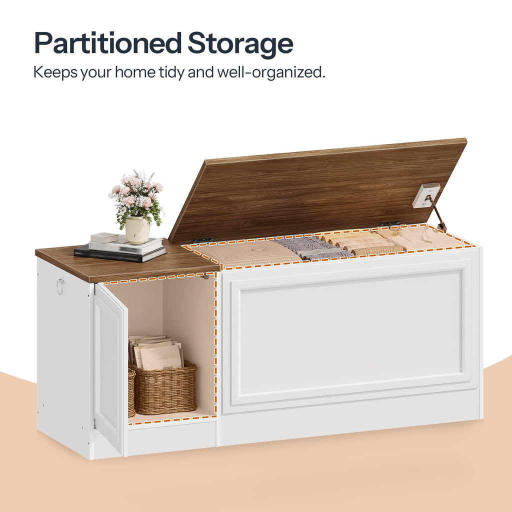 Storage Bench, 47.2" Wooden Toy Box, Toy Chest with Safety Hinge, Farmhouse-Style Storage Chest, Entryway Bench