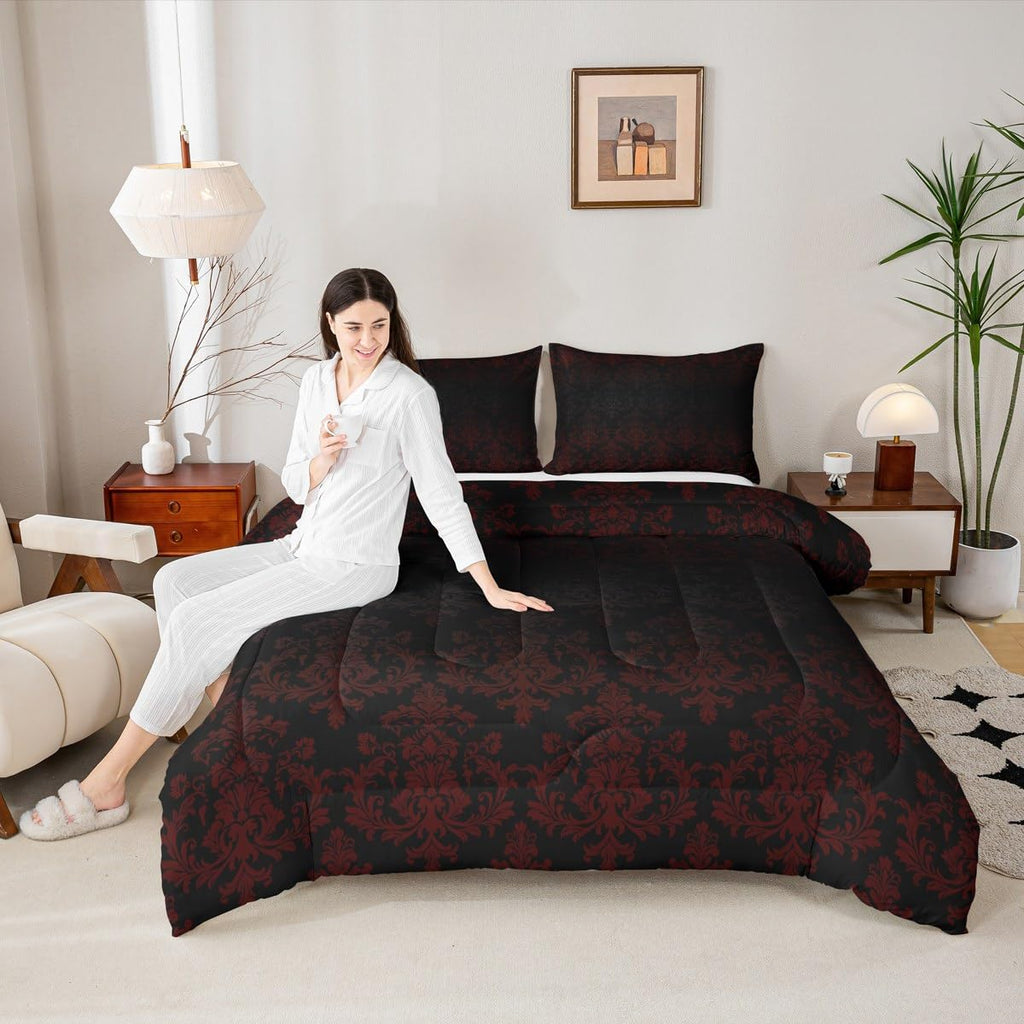 Black Red Damask Bedding Sets Full Size, Antique Victorian Baroque Boho Reversible Down Comforter Breathable Polyester
