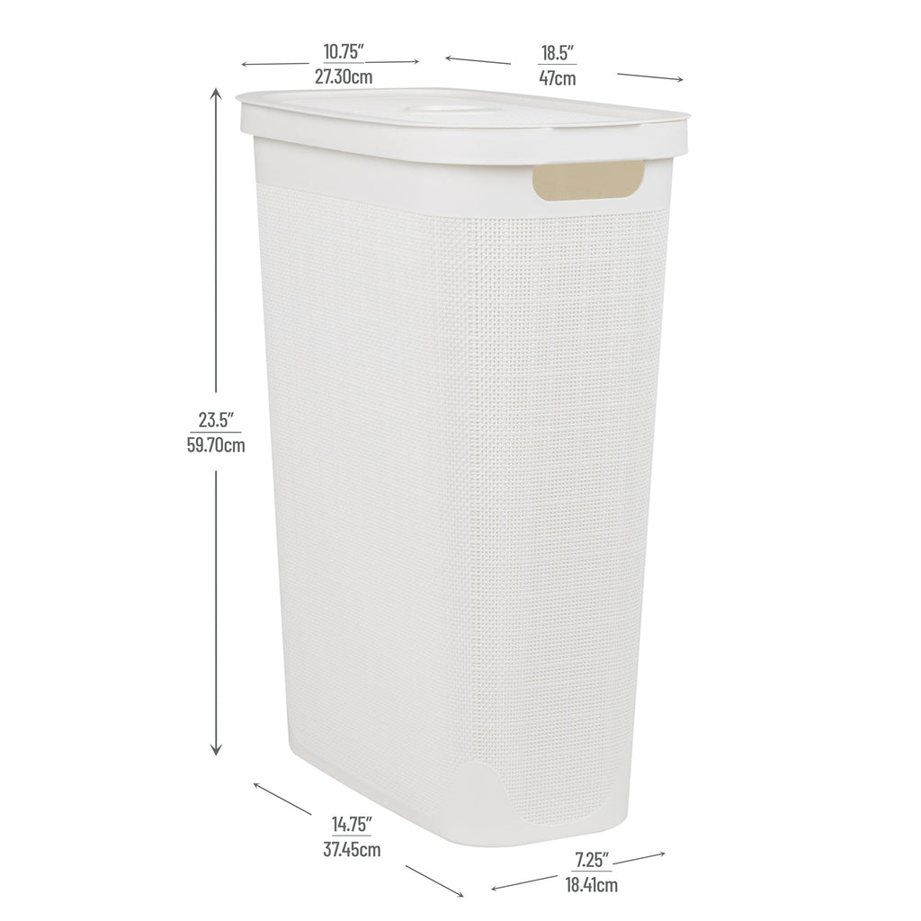 Slim Laundry Hamper with Lid, 40L Clothes Basket, Linen Design, Plastic, White