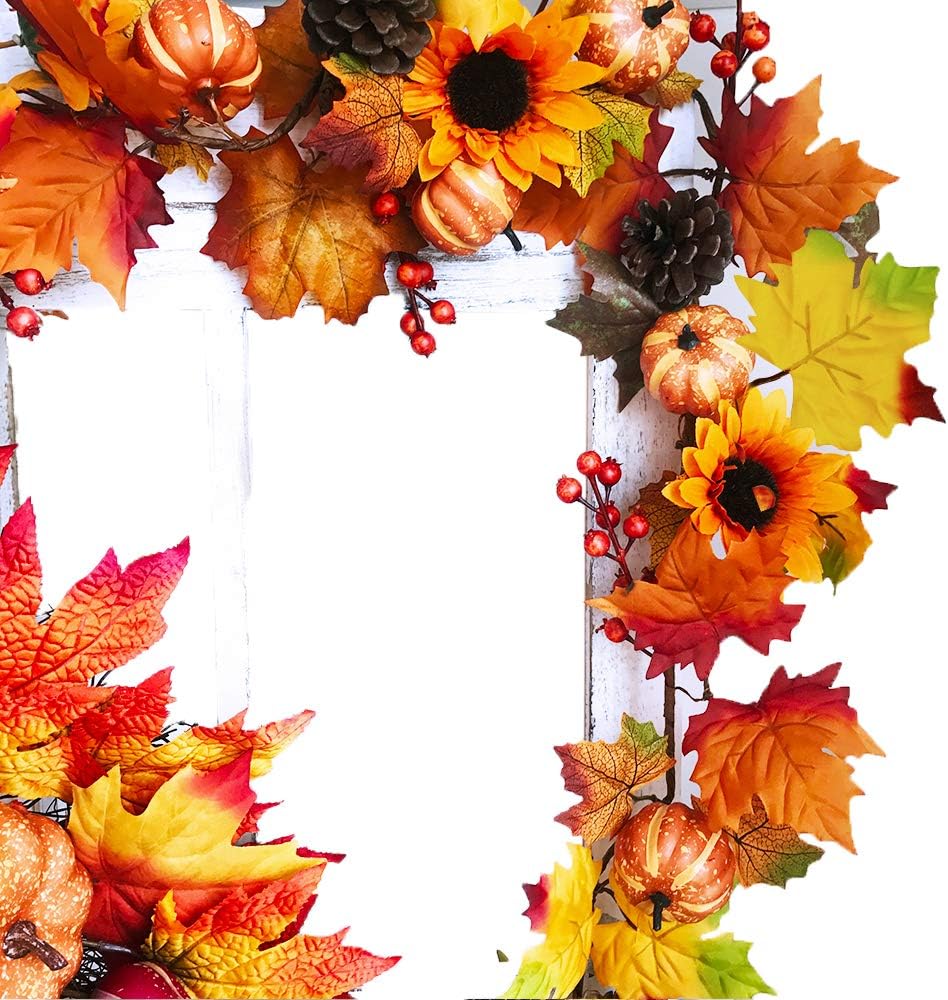 Fake Fall Maple Leaf Garland Hanging Vine- 6 Feet - Artificial Berries Sunflower Pumpkin Autumn Decoration