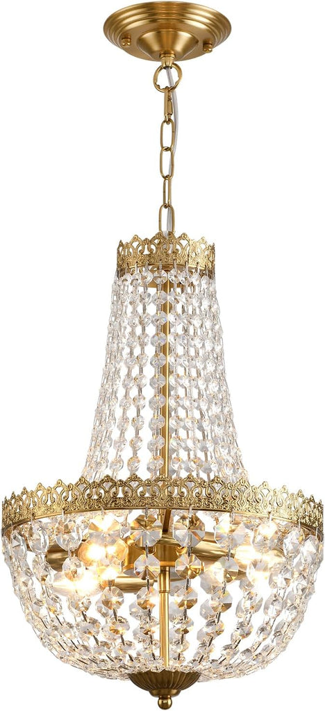 Mini French Empire Crystal Chandelier, 4-Light Antique Brass Pendant Light Fixture - 19.7" H x 12.6" W