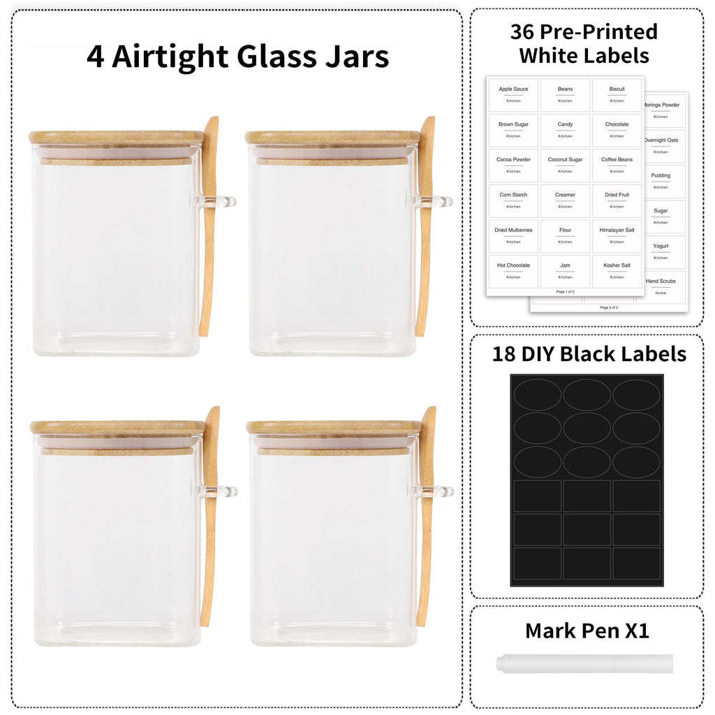 27oz Glass Food Storage Jars Set of 4, Clear Glass Storage Containers with Bamboo Lids, Pantry Organization Jar, Spice