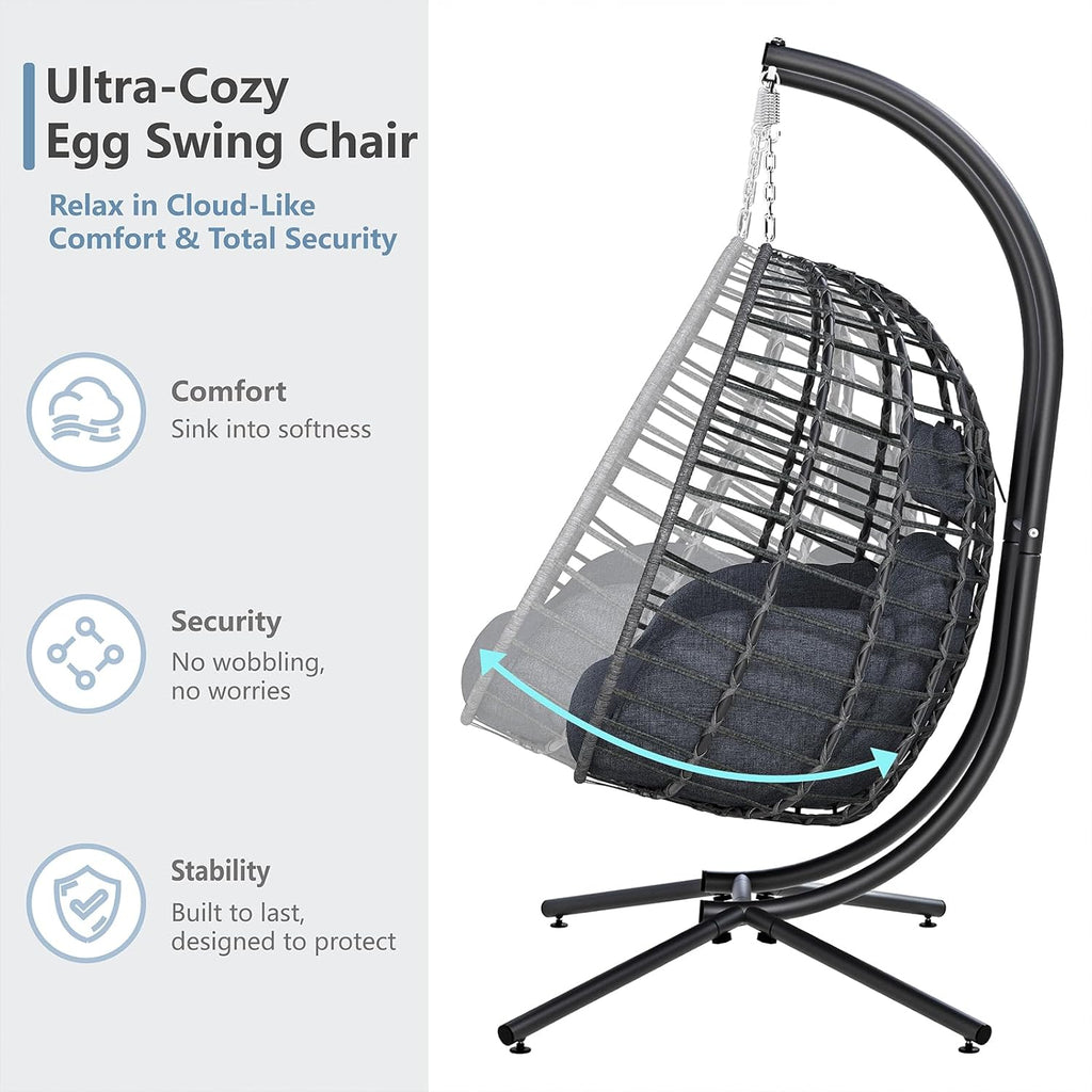 Double Egg Swing Chair with Stand, Outdoor Patio 2 Person Hanging Wicker Hammock Chairs with Cushion for Indoor