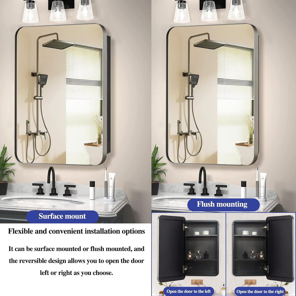 16" x 20" Bathroom Medicine Cabinet with Mirror Door, Brushed Nickel Stainless Steel Frame, Recessed or Surface